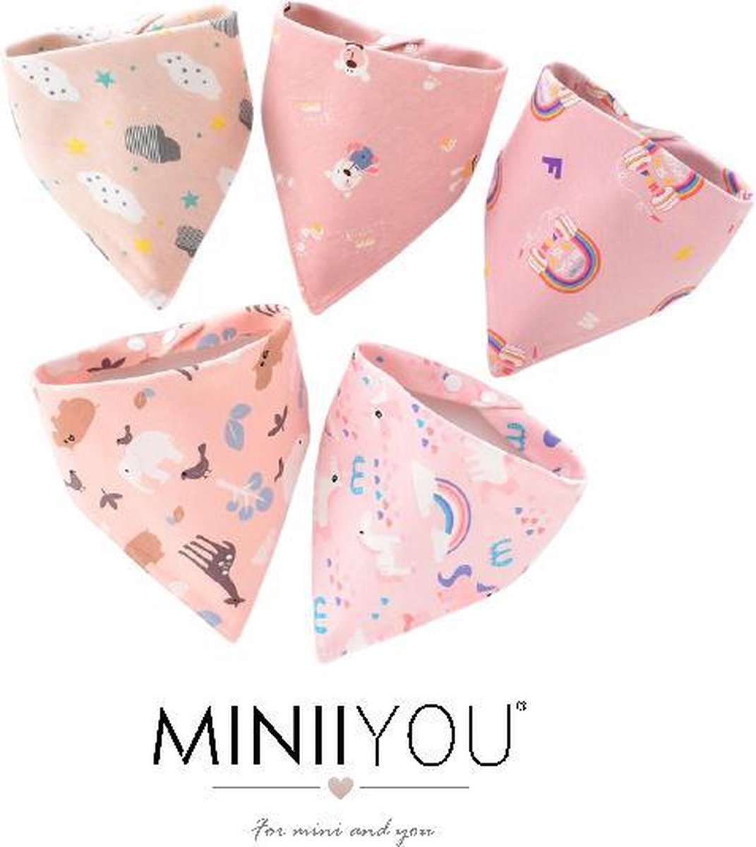 5- pack - Bandana slabbetjes - unicorn - 2-laags Katoen - Puntslabbetjes - kwijlslabbetjes