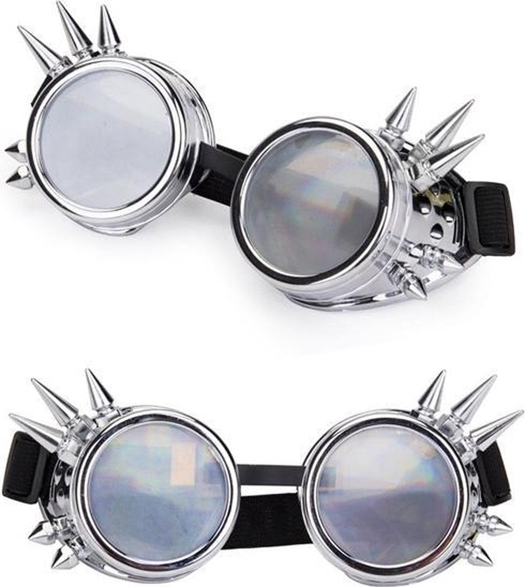Steampunk bril goggles misty space - zilver chroom spikes caleidoscoop