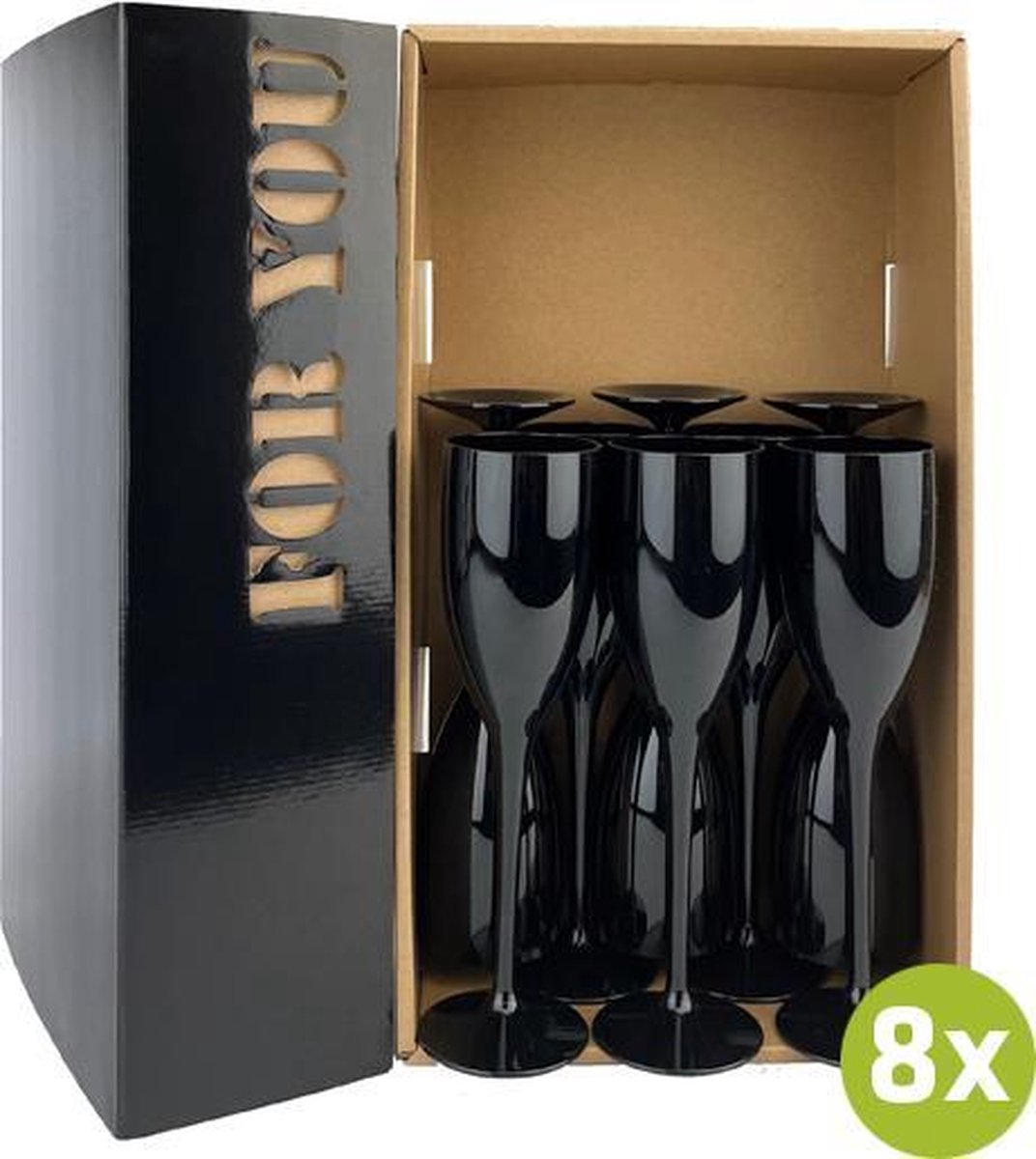 8x Champagneglas Reims zwart 15cl cadeauset | Onbreekbare kunststof / plastic drinkglazen