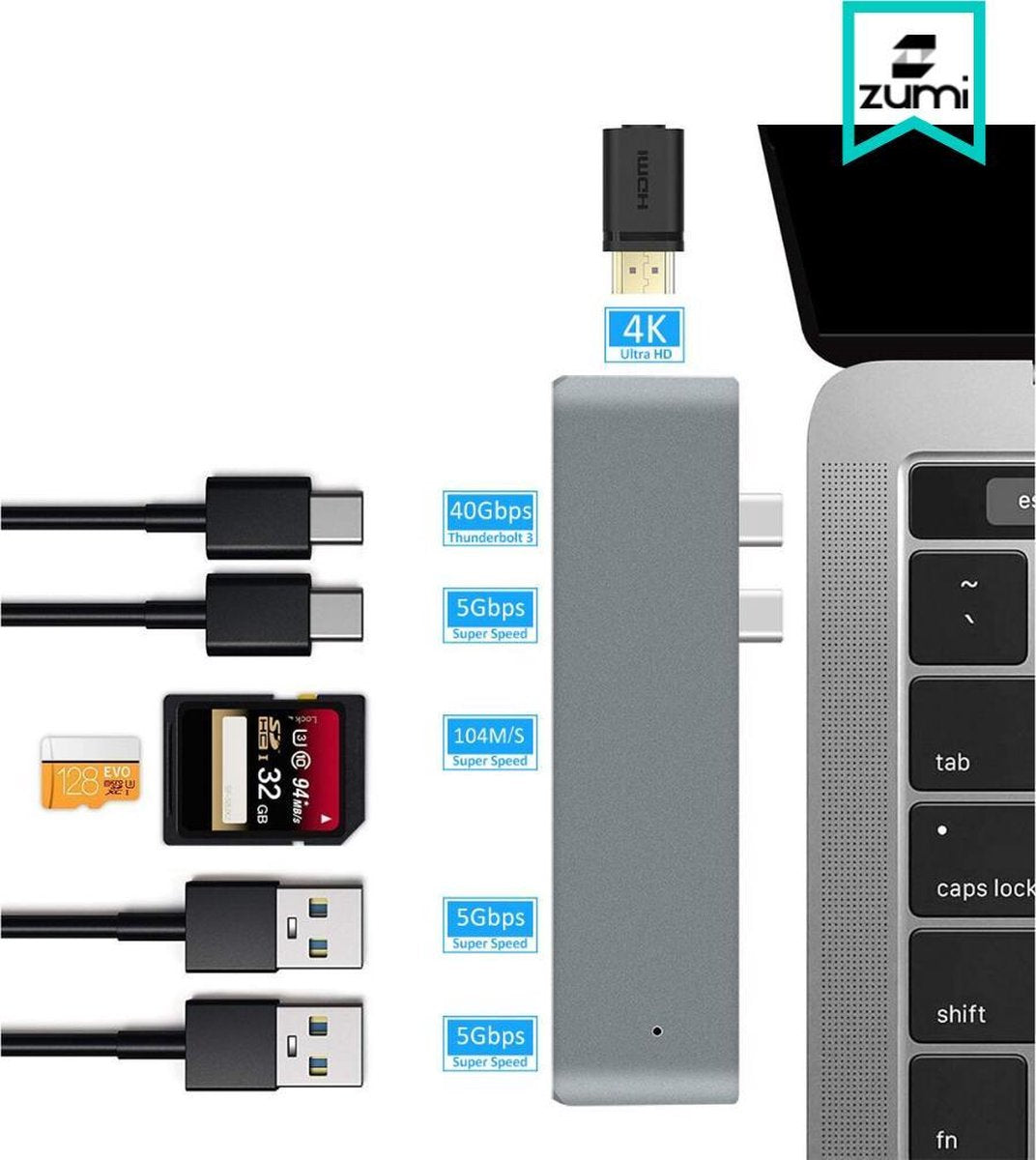 Zumi - MacBook Pro/ MacBook Air - Dock X USB C Hub - USB C Adapter - HDMI - 2x USB-C - SD Kaartlezers - 2x USB 3.0