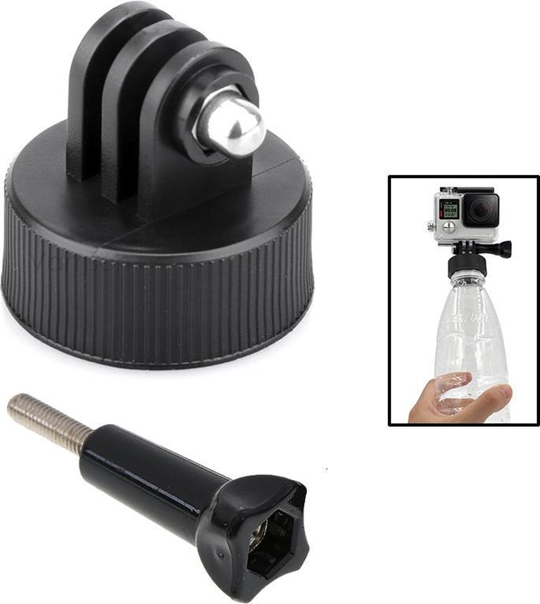 Fles / Bottle cap mount adapter voor GoPro met schroef - Geschikt voor bevestiging op (plastic) fles - Zwart