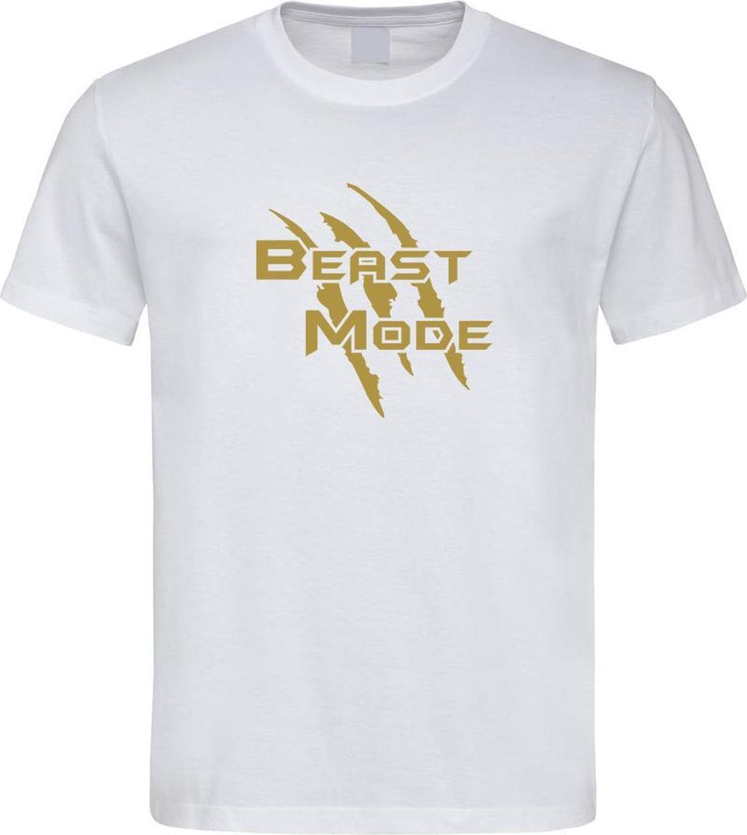 Wit T shirt met  " Beast Mode " print Goud size XXL