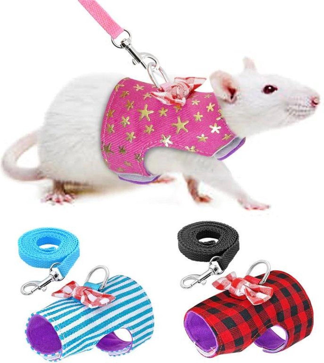 Dierplezier - Wandel tuigje knaagdier - Leiband knaagdier - S - Hamster wandelleiband  - Tuigje met klittenband - Tuigje wandelen rat - Harnas voor cavia - Gareel voor fret - Roze gareel met leiband