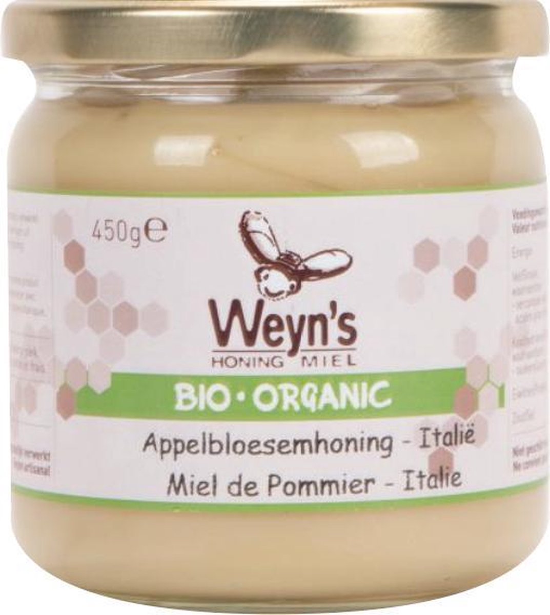 Biologische appelbloesemhoning vast  Italië  - 450g - Weyn's - Honing vloeibaar