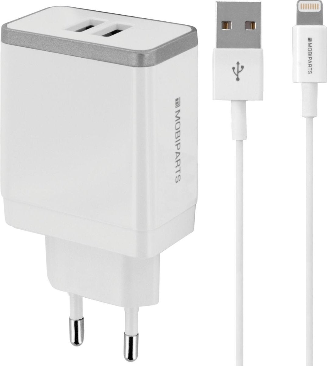 Mobiparts USB-A thuislader met 2 poorten en losse 8-pins Lightning - USB kabel - Smart IC - 4
