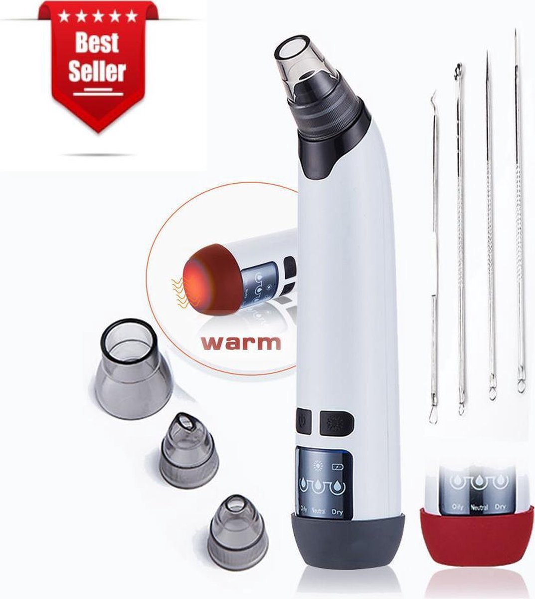 Premium blackhead remover | mee eter verwijderaar | Incl. 4 opzetstukken| Vrij van schadelijke stoffen | Incl. 4 beautynaalden | Warmte functie | Draadloos | Poriënreiniger  | Blackhead remover vacuum