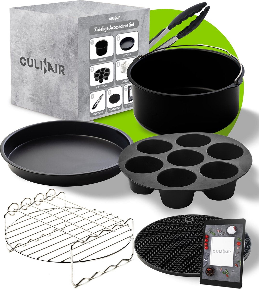 Culi-N-Air XL Heteluchtfriteuse Accessoires Set - Inclusief het Ebook Receptenboek  - 7 Delig - Geschikt voor Airfryer