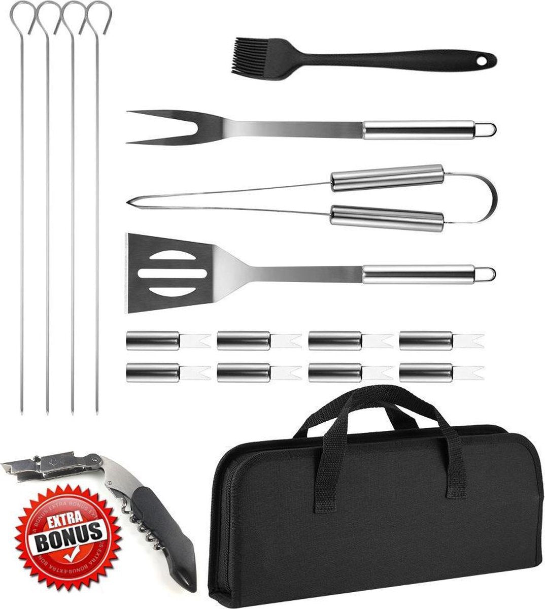 16-Delige Luxe BBQ Gereedschap Accessoires Set in Roestvrij Staal – Barbecue Gereedschapset – Kelnermes - In Handige Opbergtas