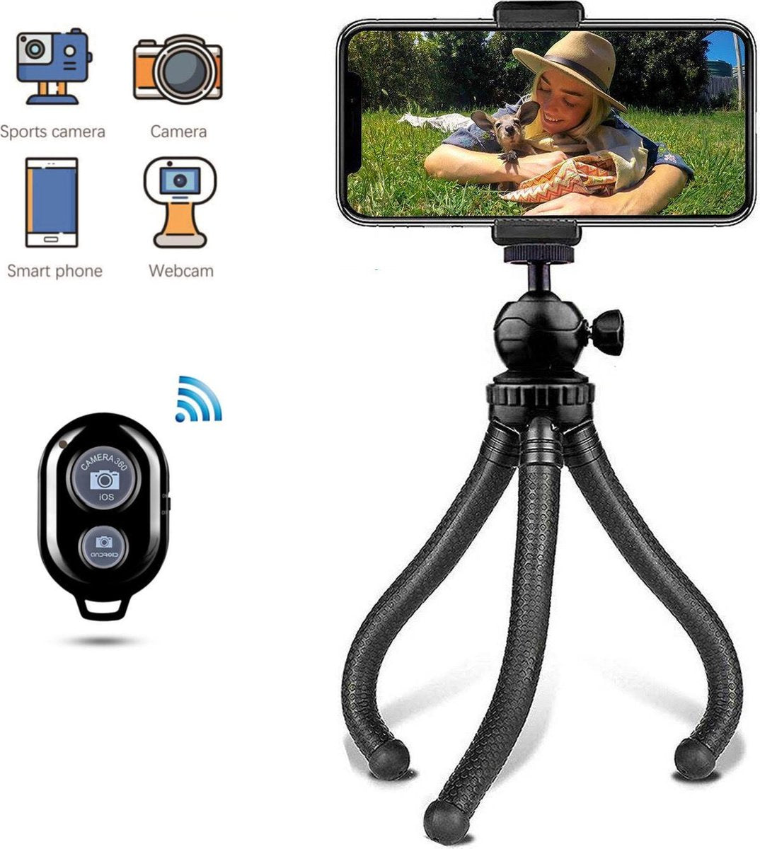LURK® 3 in 1 Flexibele Octopus Tripod statief voor smartphone & (actie)camera - Incl. telefoonklem en bluetooth afstandsbediening  - 25 cm