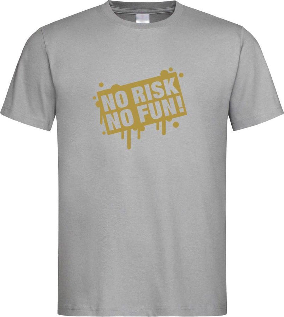 Grijs T shirt met  " No Risk No Fun " print Goud size XXXL