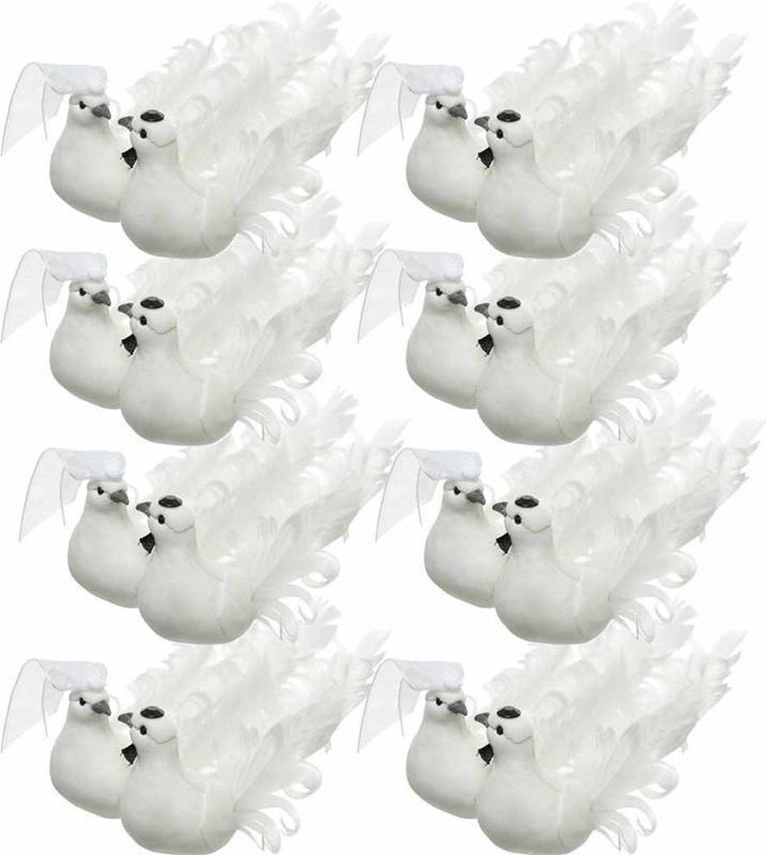 12x Witte duiven vogels trouwpaar decoratie 16 cm op clip - Bruiloft/huwelijk/trouwerij versieringen - Bruidstaart figuurtje