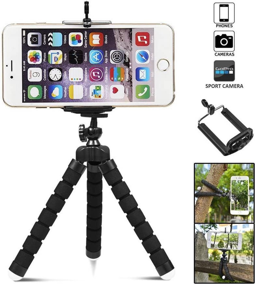 Doodadeals ® |Octopus Mini Tripod | + Bluetooth afstandsbediening | Iphone | Samsung | Tripod | Zwart