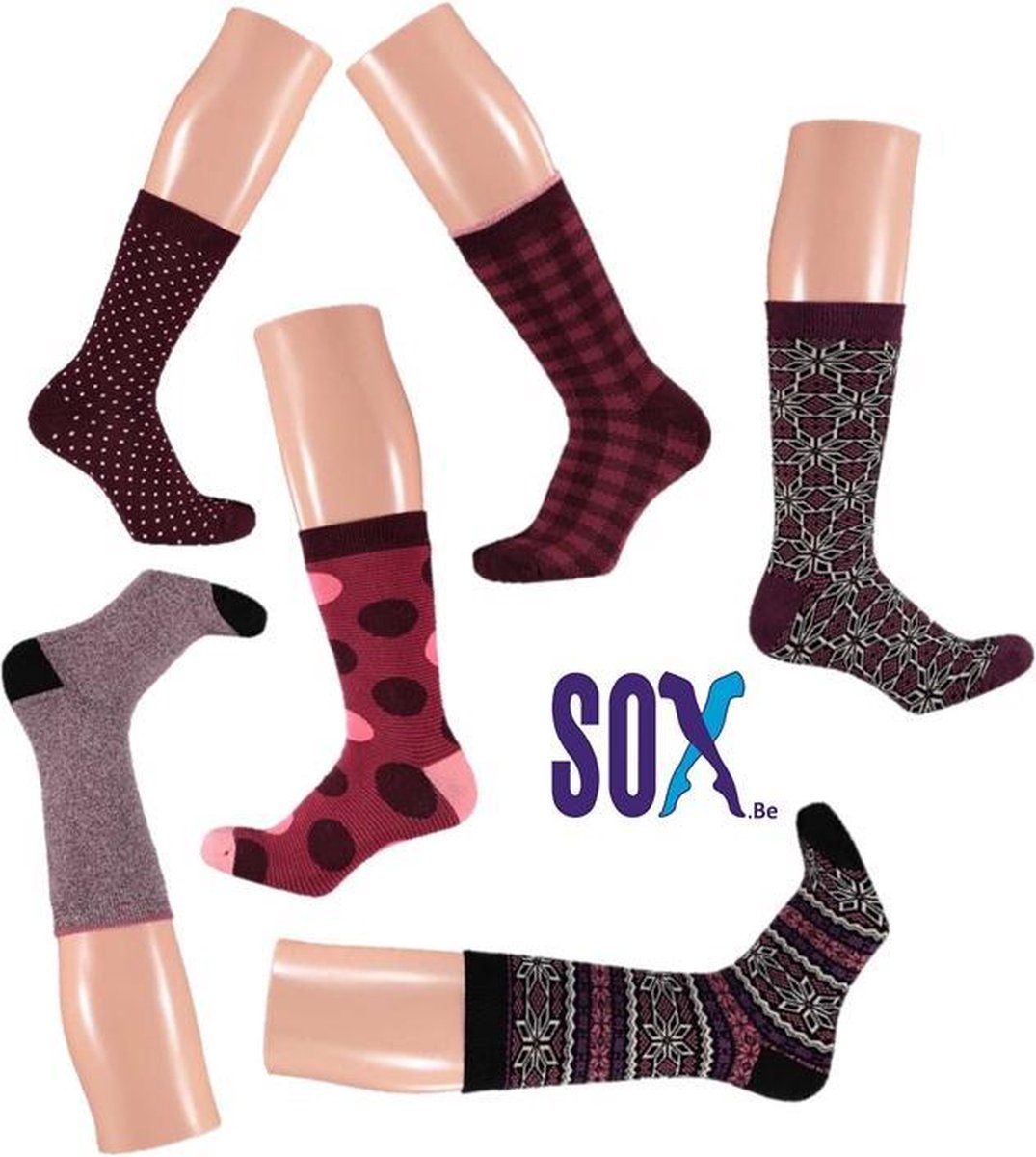SOX Thermische Full Terry Damessok 37/42 Fantasie Roze/zwart/bord. naadloos 6 PACK