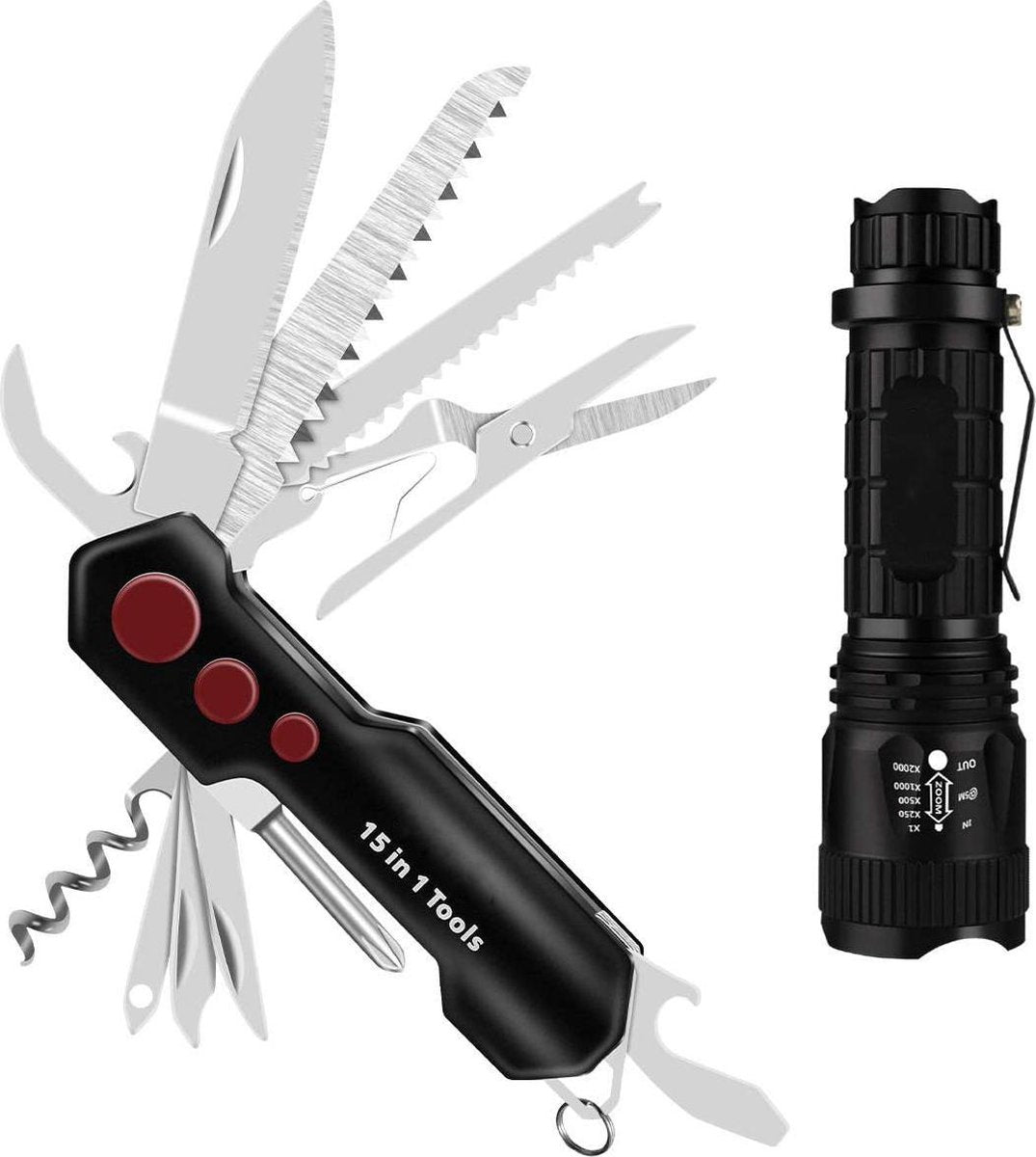 Sefaras 15-in-1 Survival Zakmes inclusief zaklamp - Inklapbaar - Broekclip - Voor kamperen - RVS - Zwart