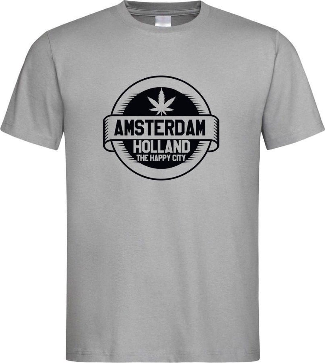 Grijs T shirt met zwart  " Amsterdam / The Happy City " print size XXL