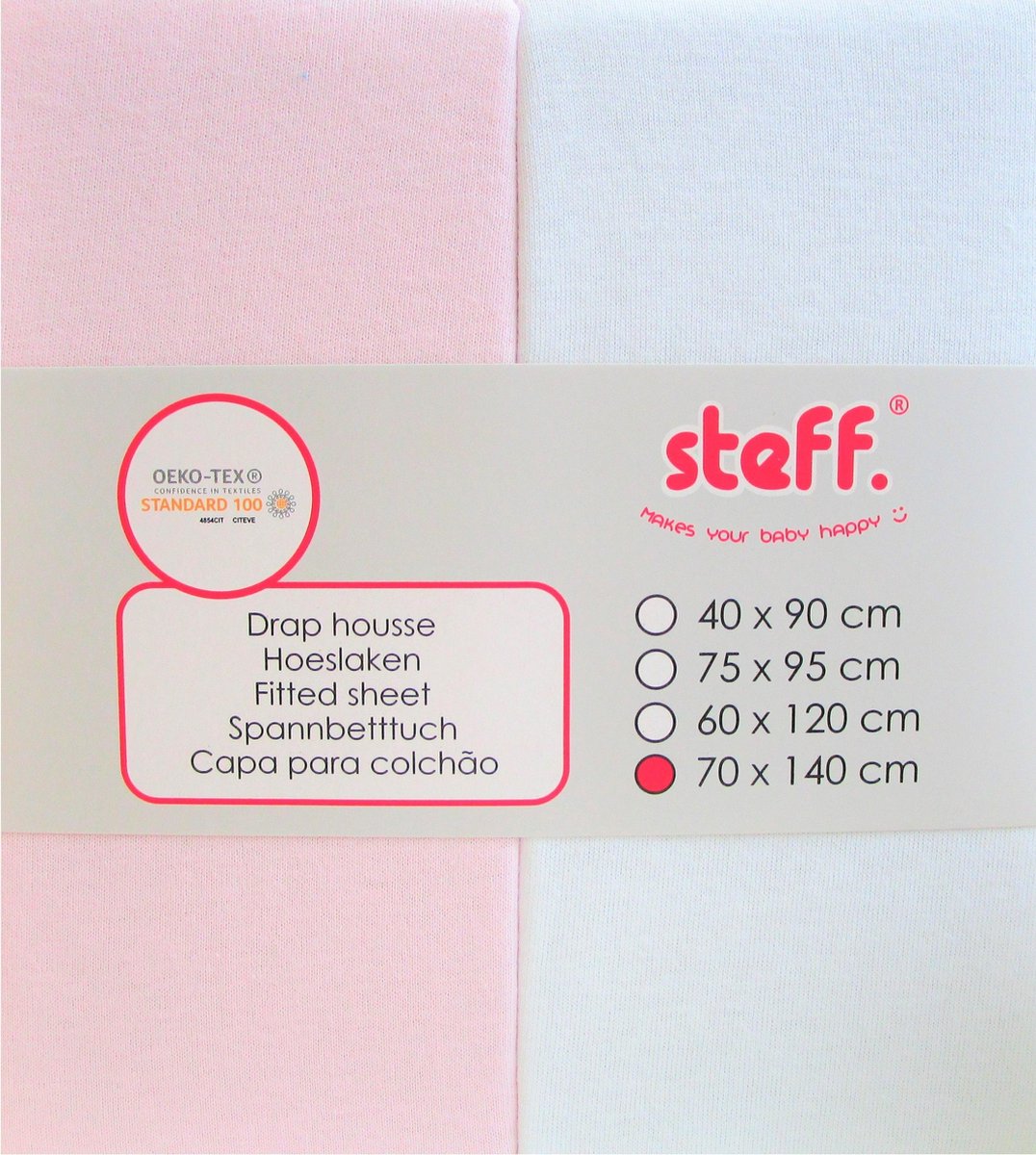 Steff - hoeslaken 70x140 cm - jersey katoen set van 2 wit + roze met kwaliteitslabel OEKO-Tex standard 100