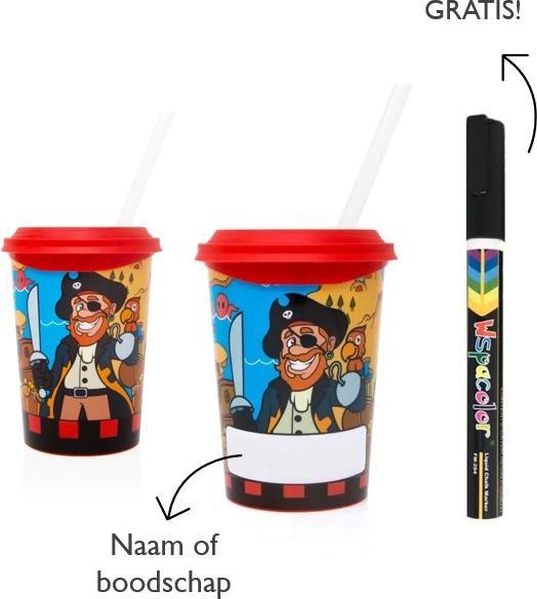 10 x Beschrijfbare party beker Piraten (350ml) - inclusief uitwisbare stift - voor kinderfeestjes