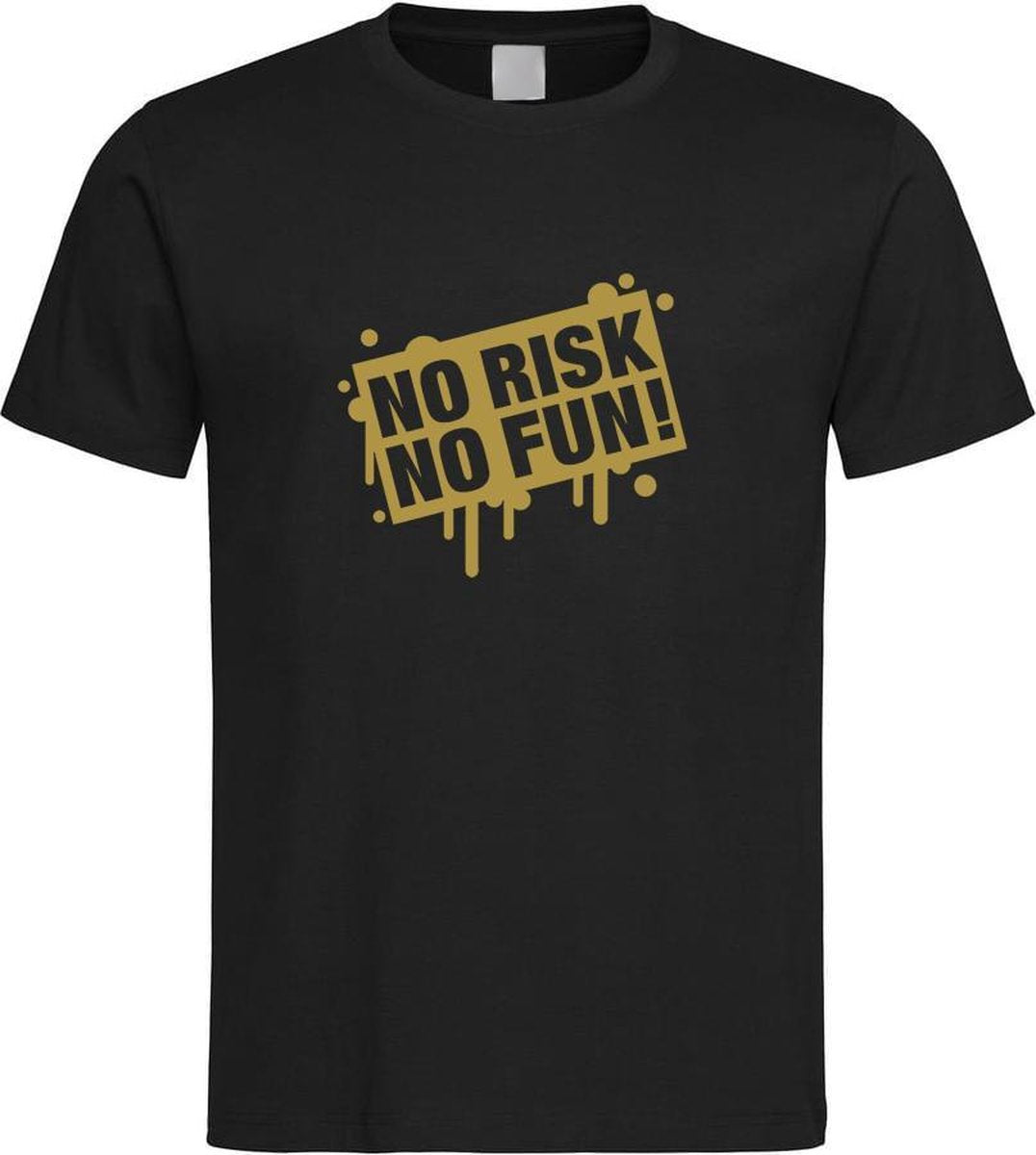 Zwart T shirt met  " No Risk No Fun " print Goud size M