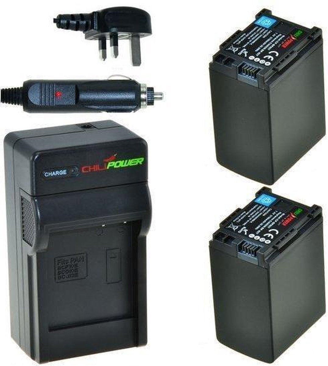 ChiliPower 2 x BP-827 accu's voor Canon - Charger Kit + car-charger - UK versie