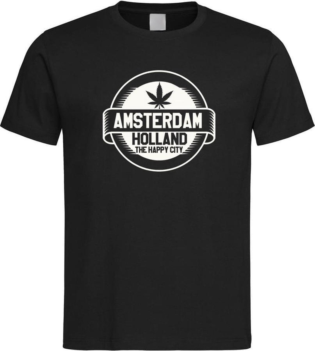Zwart T shirt met wit  " Amsterdam / The Happy City " print size XL