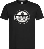 Zwart T shirt met wit  " Amsterdam / The Happy City " print size M