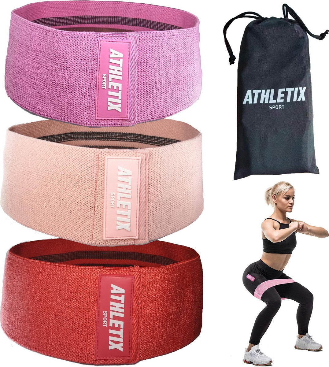 Athletix® - Weerstandsbanden Set van 3 - Met Gratis Draagtas - Booty Bands - 3 Resistance Bands - Roze