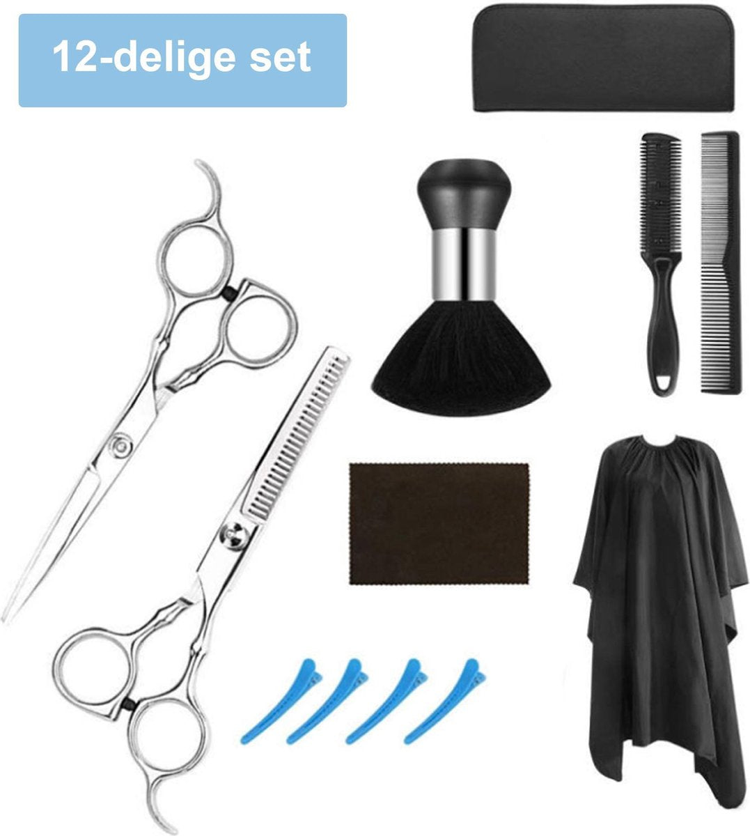 Avenq Professionele 12-delige kappers set - Kappersschaar - Uitdunschaar - Kappersmantel - Kappersschort - Haar schaar - Kapperskam - Rechtshandig - Kapper schaar set - Voor thuis & professioneel gebruik - RVS