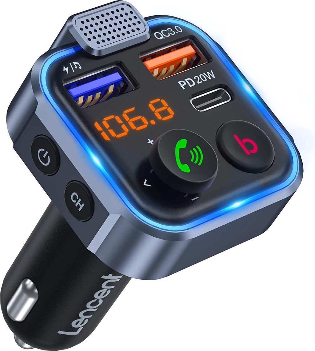 FM-zender Transmitter Adapter Bluetooth V5.0 Autoradio Diepe Basmuziekadapter Handsfree Autolader met dubbele USB-Poorten PD Type-C 18W QC 3.0 USB-Snellader Blauw Omgevingslicht