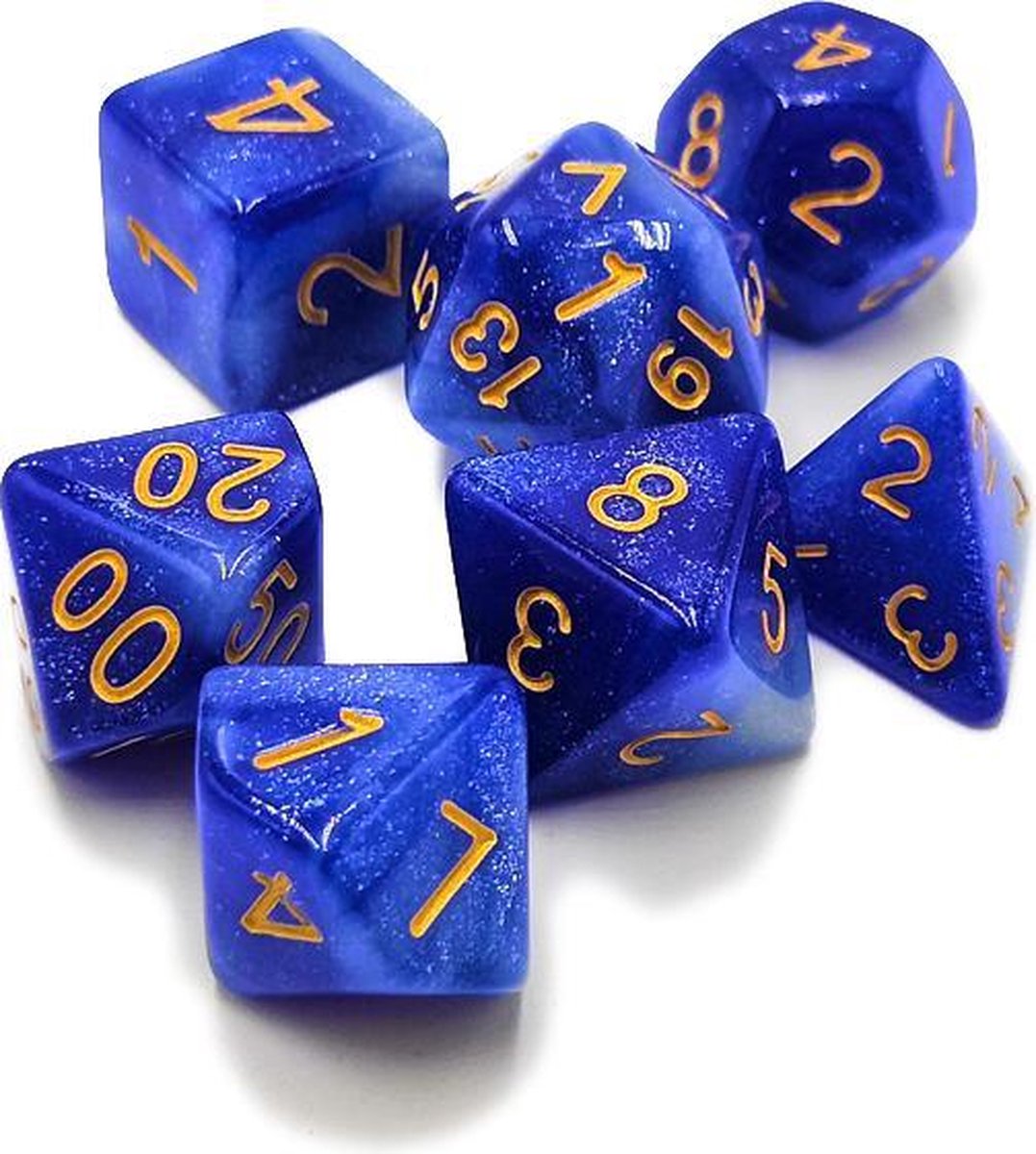 Polydice set - Polyhedral dobbelstenen set 8 delig | Set van 7 in velours bewaarzakje / bag / pouch| dungeons and dragons dnd dice | D&D Pathfinder RPG | Blauw wit galaxy