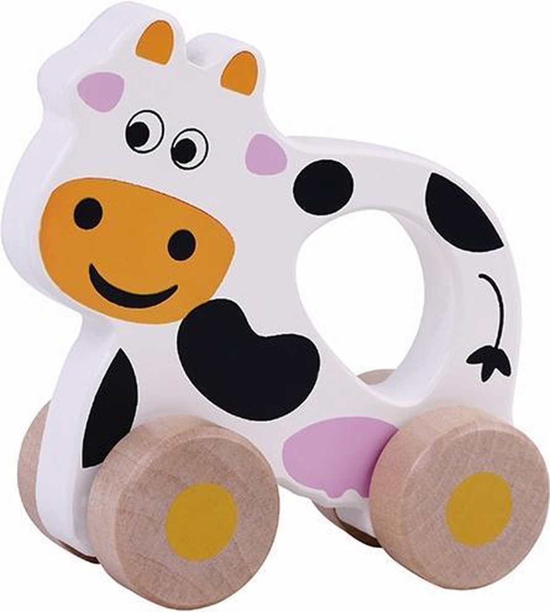 Houten koe op wielen grip