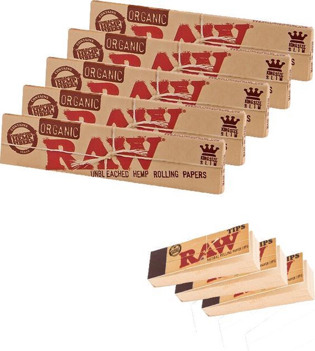 5x Raw King Size Slim Unbleached / Ongebleekte Vloei / Paper (160 Vloeitjes) + 3 x Raw Unbleached Tips (150 Tips)