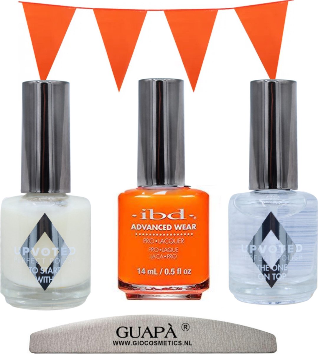 GUAPÀ® Nagellak set + nagelvijl | EK Voetbal Nagels | Oranje nagellak 15 ml | Base Coat | Top Coat