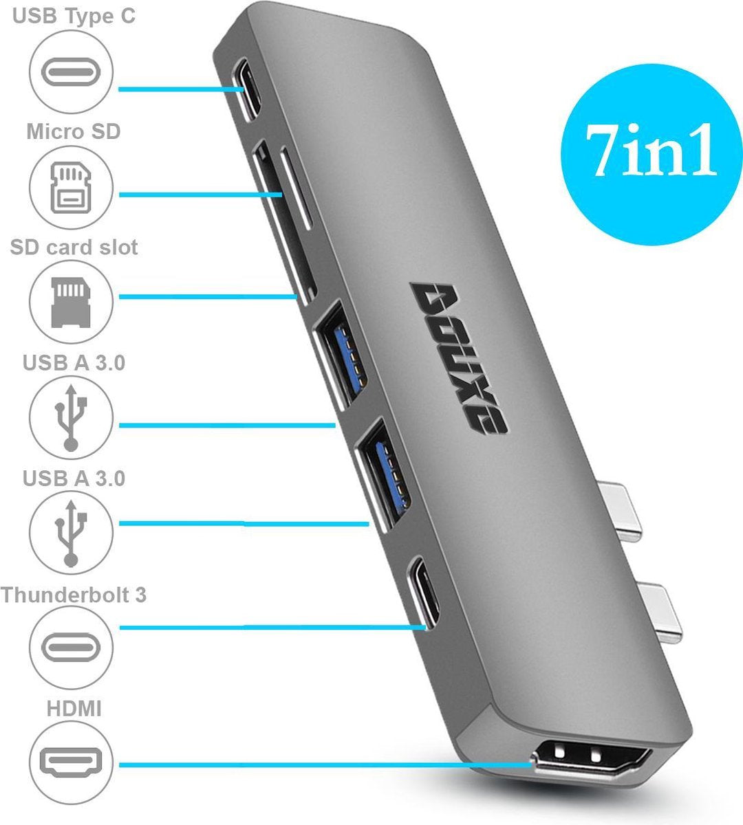 Douxe USB-C Hub - 7 in 1 - Power en data - Grijs
