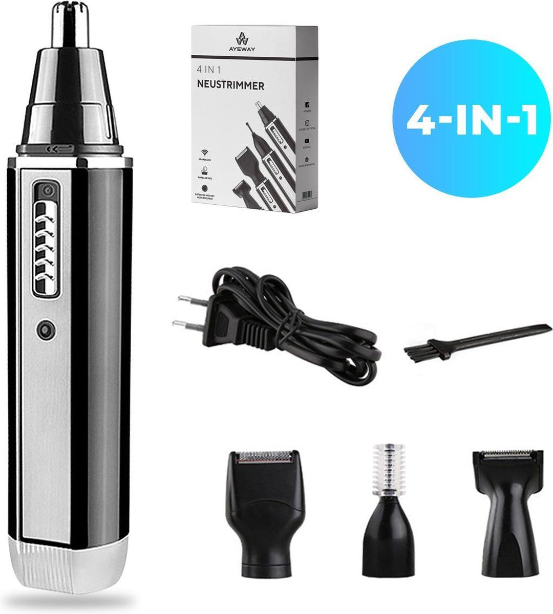 AyeWay 4 in 1 Neustrimmer – Neushaartrimmer – Neustrimmer mannen – Baard trimmer – Wenkbrauw trimmer – Tondeuse – Draadloos