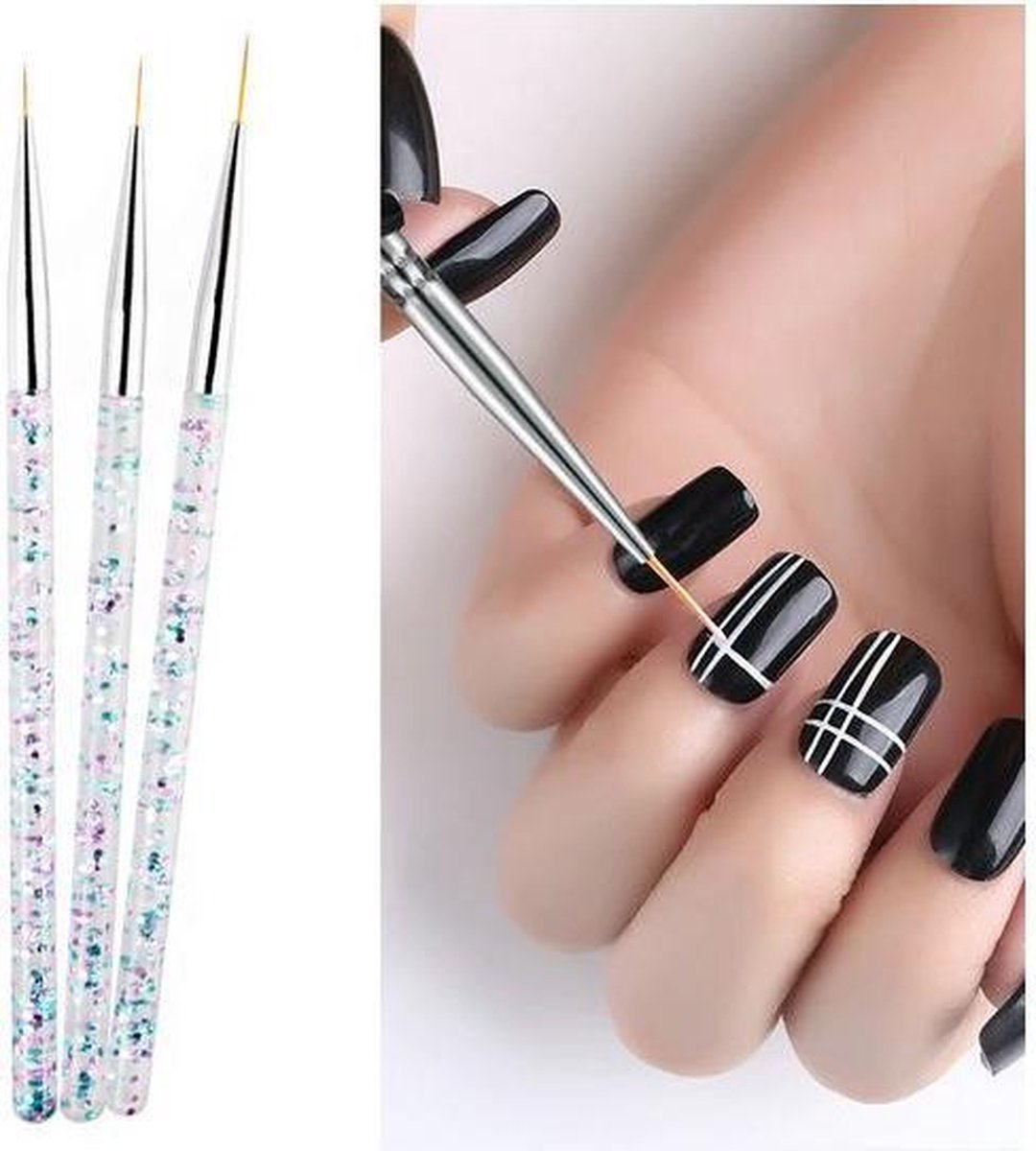 3 stuks nail brush pen - glitter handvat
