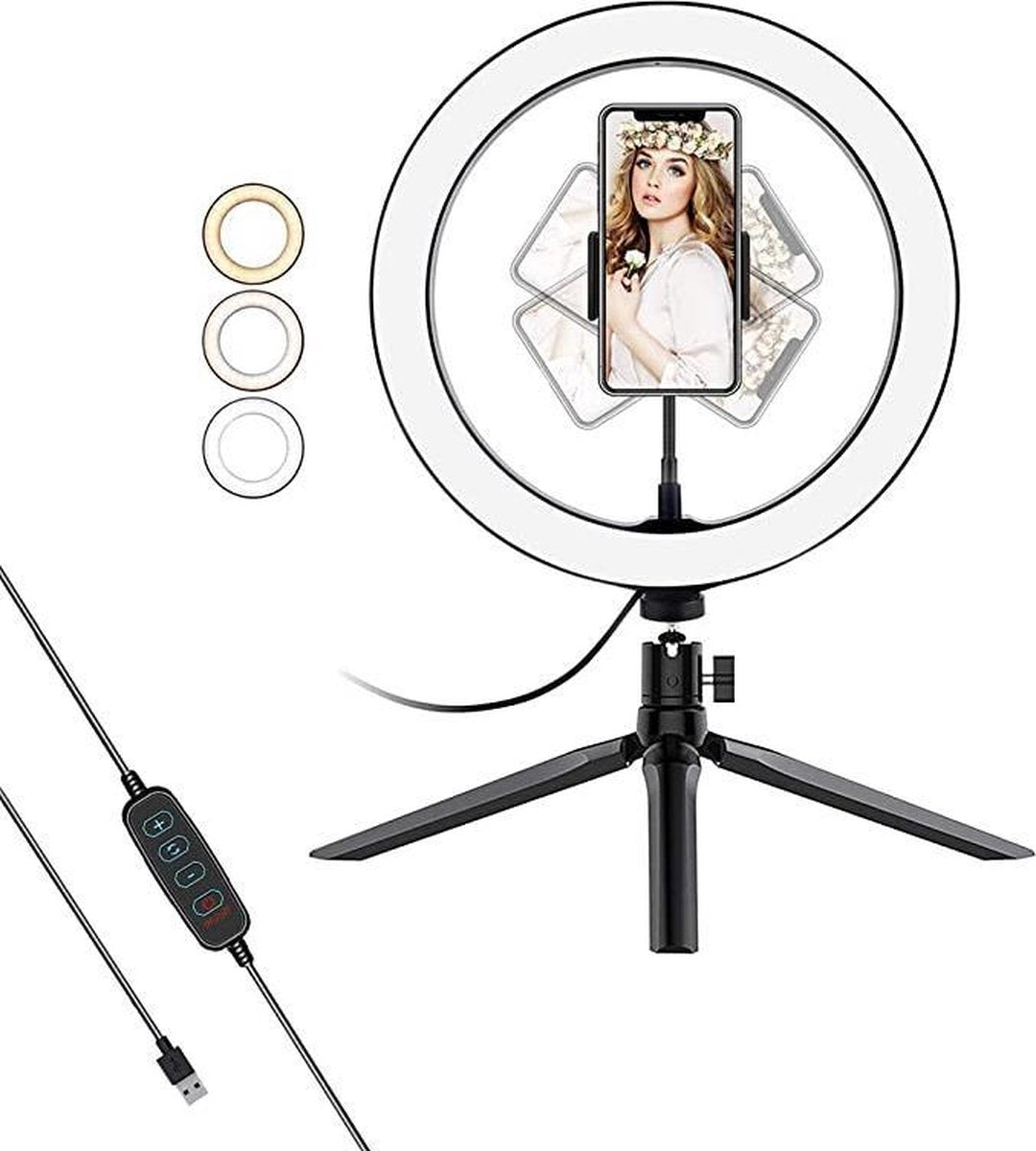 Pritech Selfie/Tik Tok LED Ring - 30 CM - 3 Kleuren wit - Met afstandsbediening