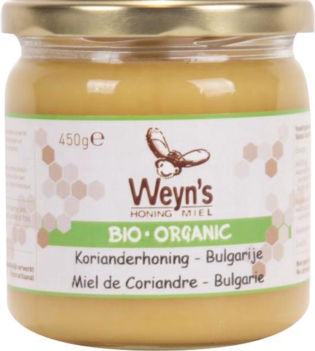 Biologische korianderhoning vast Bulgarije  - 450g - Weyn's - Honing vloeibaar