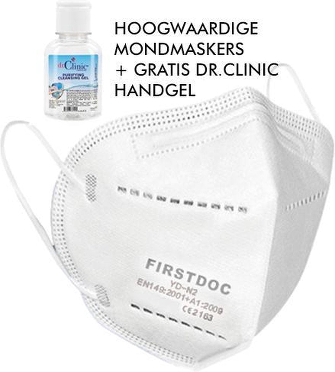 50x FFP2 / KN95 Hoogwaardige Mondkapjes / Mondmaskers | 50 Stuks | GRATIS 100ML DR.CLINIC HANDGEL.