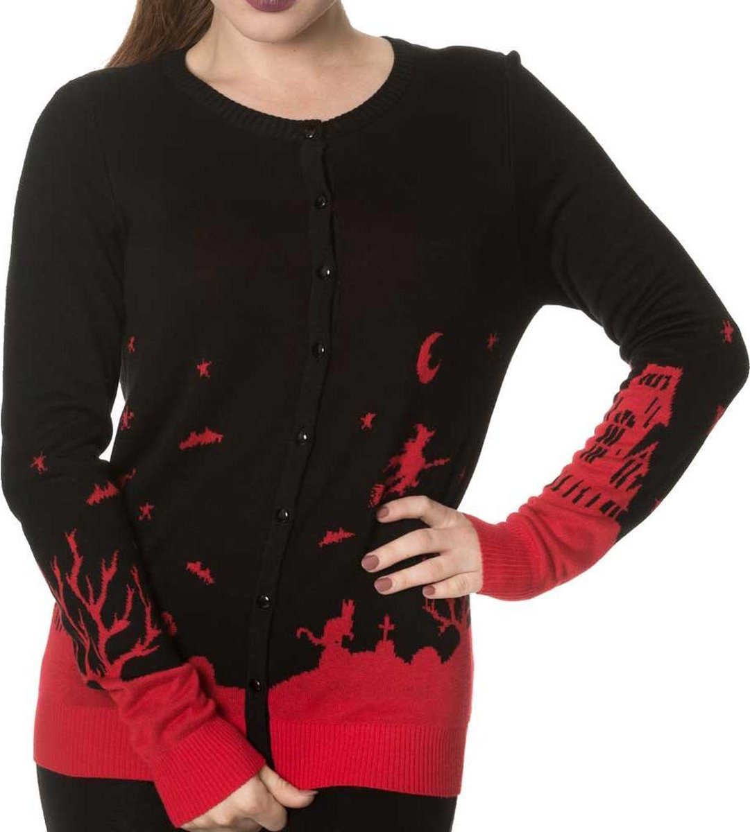 Banned Cardigan -S- Dark Skyline Zwart/Rood
