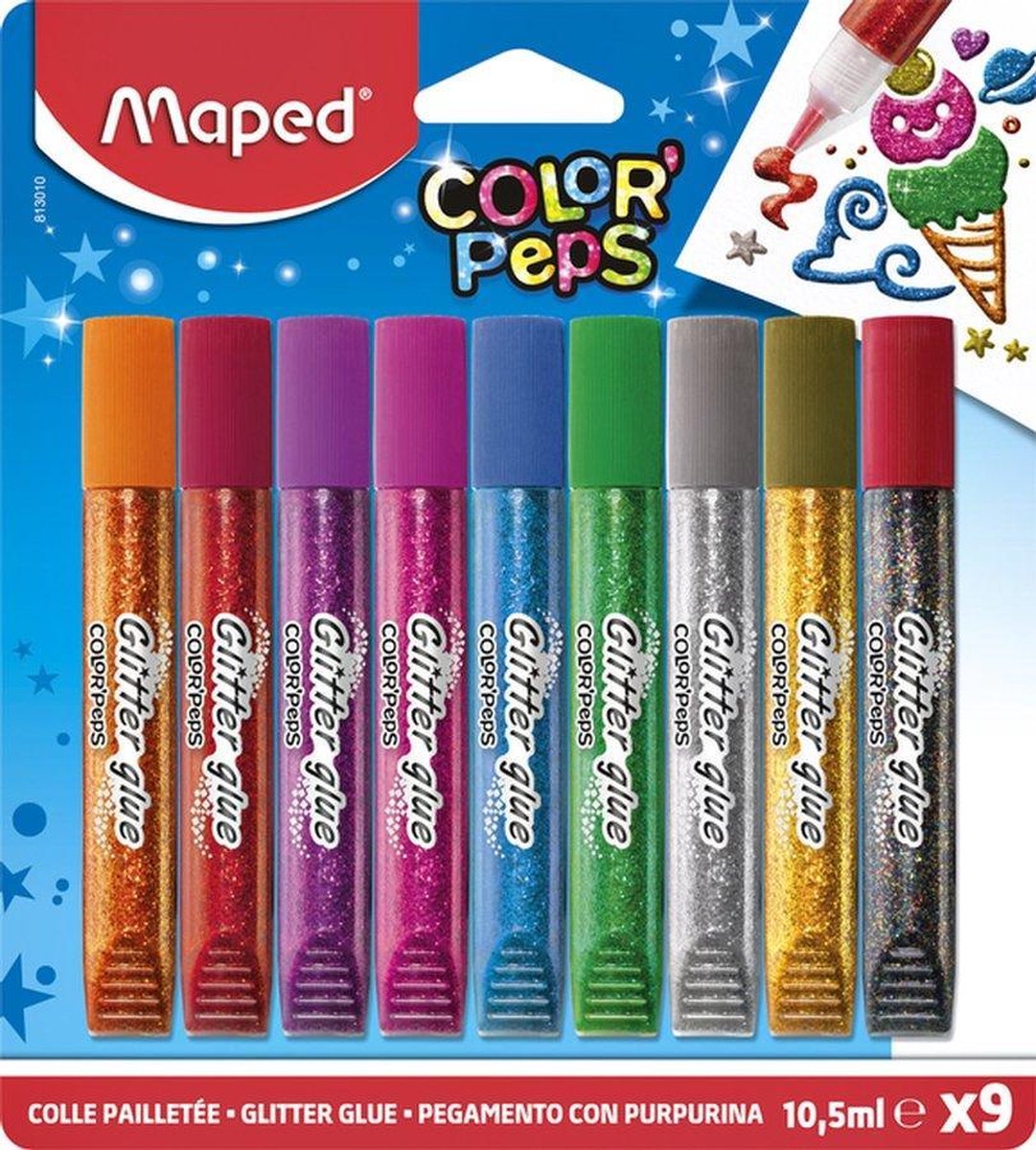 Maped Color Peps Glitterlijm – Glitterlijm kinderen – Kinderlijm - Glitterlijm kinderen - Knutsellijm - lijmstift - Glitterlijm voor kinderen tubes – 9 x 10