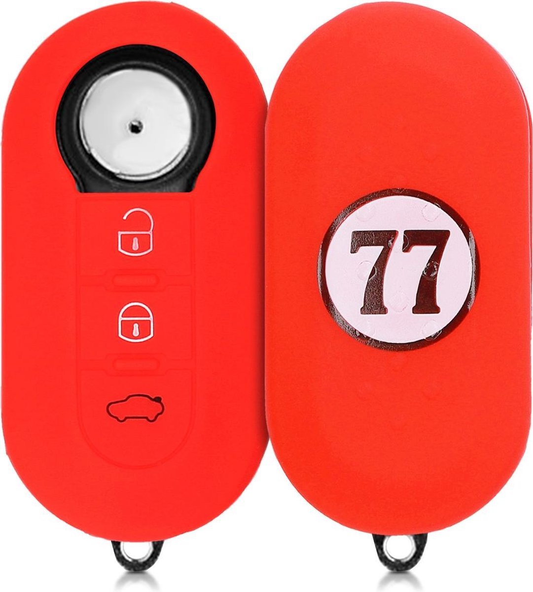 kwmobile autosleutelhoes voor Fiat Lancia 3-knops inklapbare autosleutel - Siliconen beschermhoes in zwart / wit / rood - Nummer 77 design