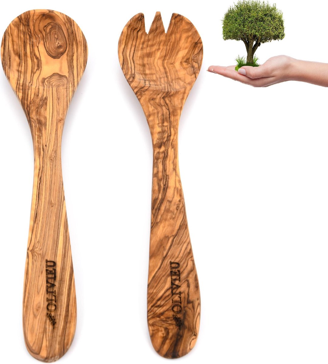OLIVIEU ~ Hygiënisch Duurzaam Olijfhouten Slabestek ~ 30 cm ~ Slacouvert ~ Saladebestek Hout ~ Sla bestek ~ Sla Couvert ~ Opscheplepel set ~ Serveerlepel