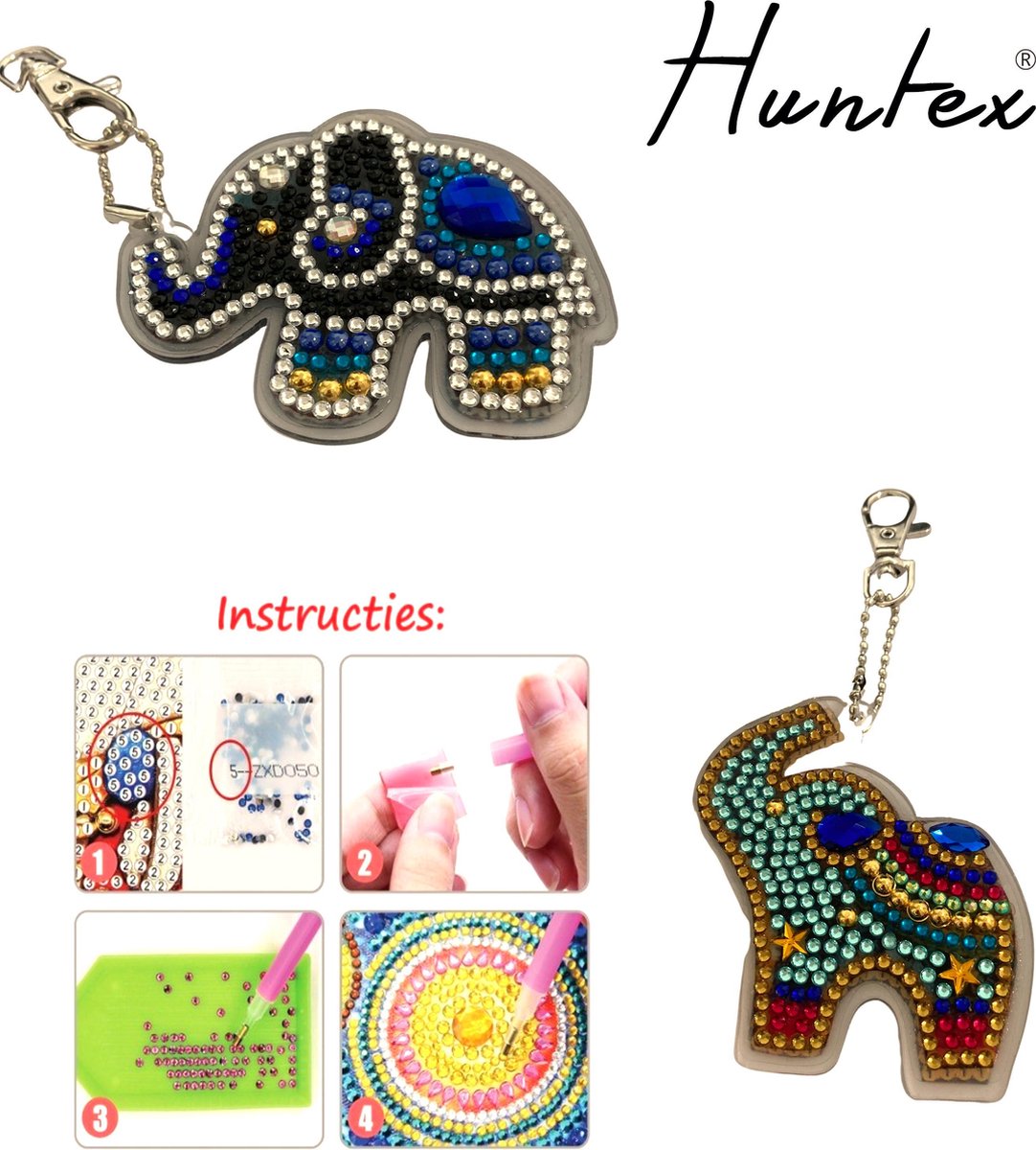 Huntex Diamond Painting Sleutelhanger Set - 2 Olifantjes - Accessoires - pen - Kinderen - Pakket Volwassenen - Pakket Full - Pakket Volledig - Accesoires - Dieren