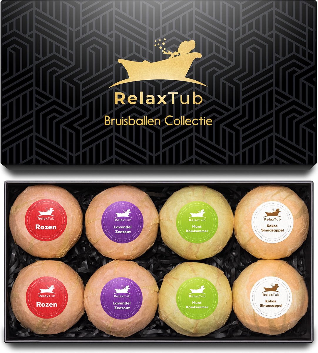 Bruisballen Set van RelaxTub® - Bevat Natuurlijke Kokosboter en Arganolie - 8 x 80g XL Formaat - Bruisballen voor Bad - Dierproefvrij - Voor Ontspanning & Zachte Huid - Inclusief Luxe Cadeauverpakking