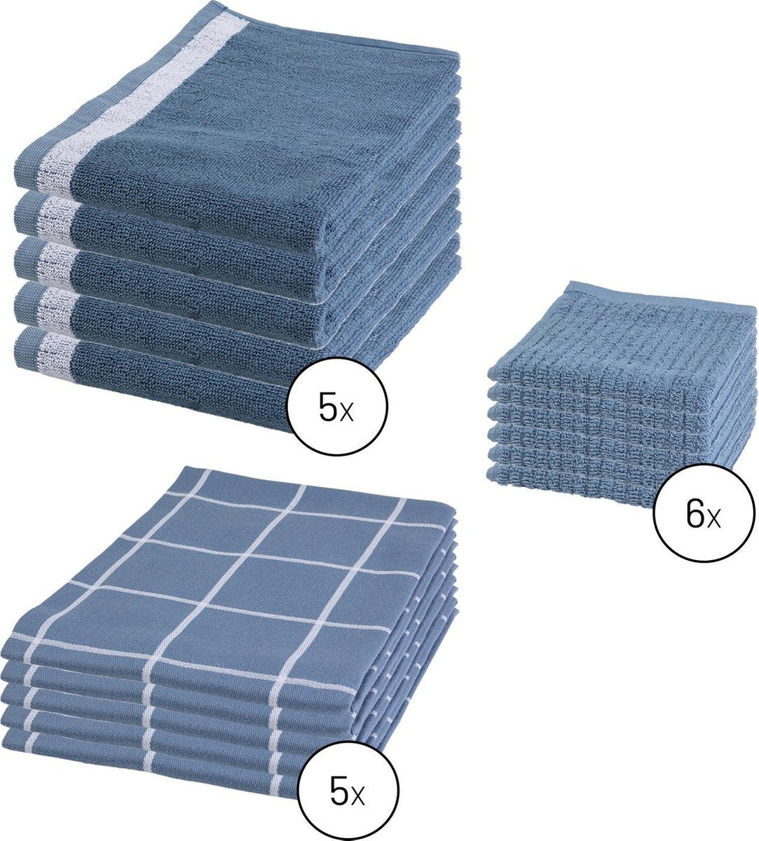 Byrklund Set Blauw - 5x Theedoek 50x70cm + 5x Keukendoek 50x50cm + 6x Vaatdoek 30x30cm