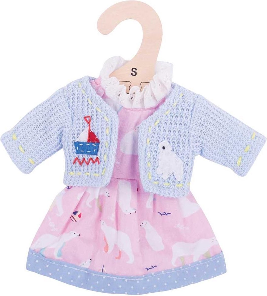 Bigjigs - Poppenkleren - Roze jurk met blauw vestje - 30cm
