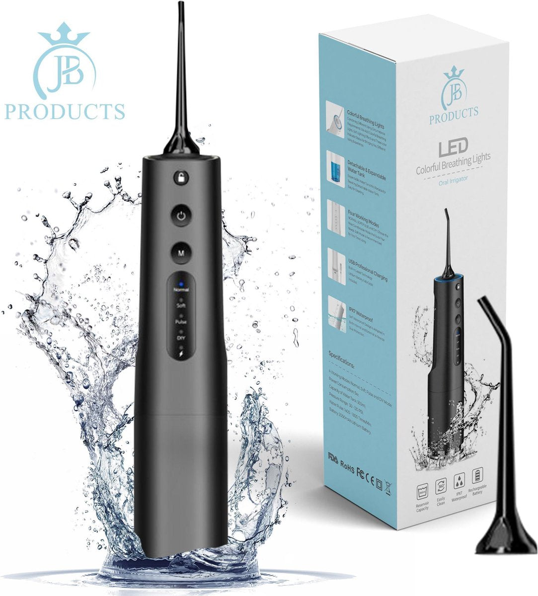 Draadloze Elektrische Waterflosser voor Mondhygiëne - 2 Opzetstukken - Monddouche - Tanden Bleken - Tandsteen Verwijderaar - 360 ML - Zwart
