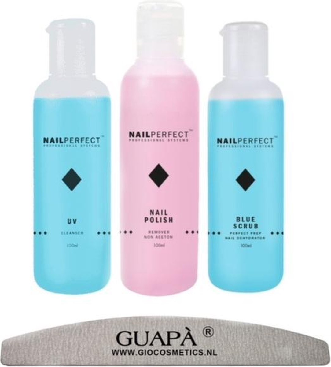 GUAPÀ - Gel Nagels Starterskit - Nagel vloeistoffen voor het voorbereiden en verwijderen van Gel nagels - UV Cleanser - Remover - Blue Scrub - 300 ml + Nagelvijl