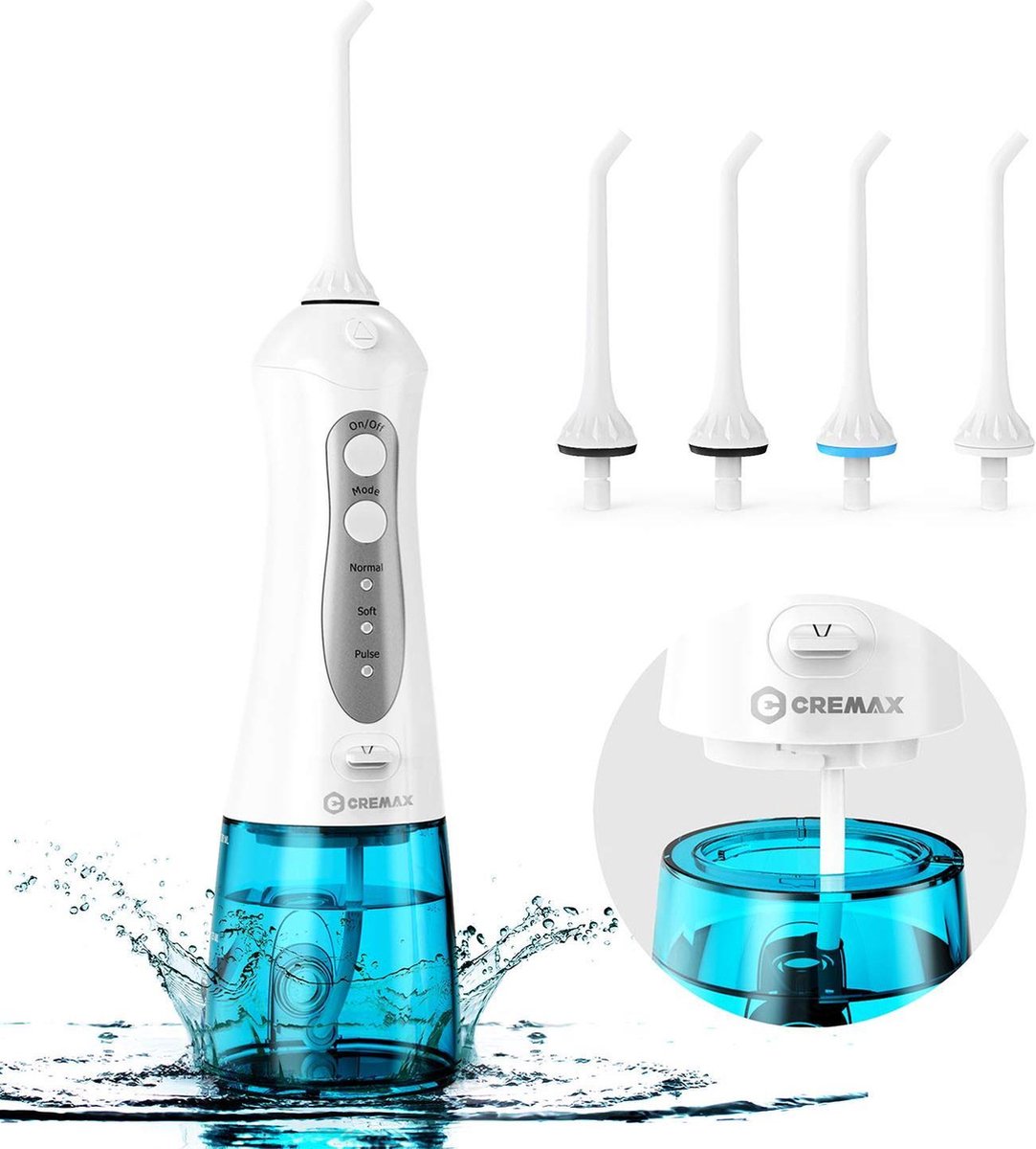 Waterflosser elektrisch met 4 sproeiers 300ml | Monddouche USB-oplaadbaar met 3 standen| Mondreiniging draadloos | Lange batterijduur
