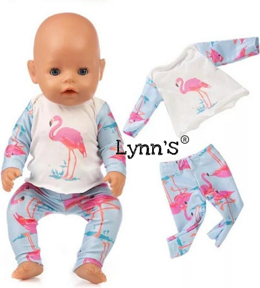 Poppenkleertjes - geschikt voor Baby Born - pyjama - flamingo - blauw